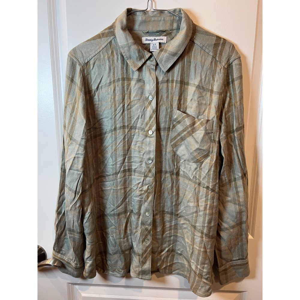 Tommy Bahama Womens Shirt Metallic Plaid Green S